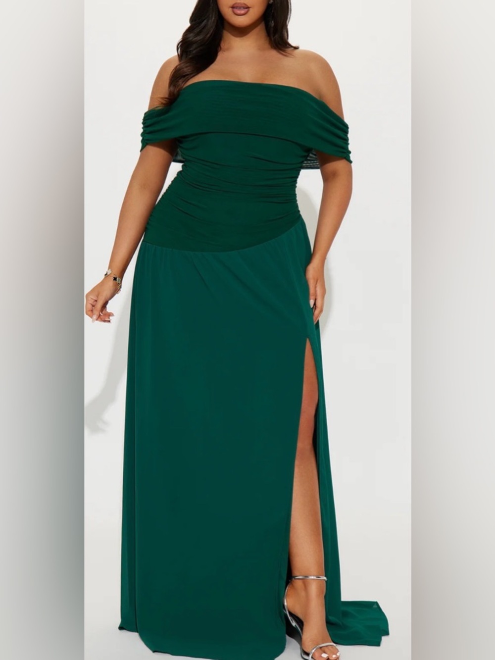 Emerald Green Off-Shoulder Ruched Maxi Dress with Side Slit